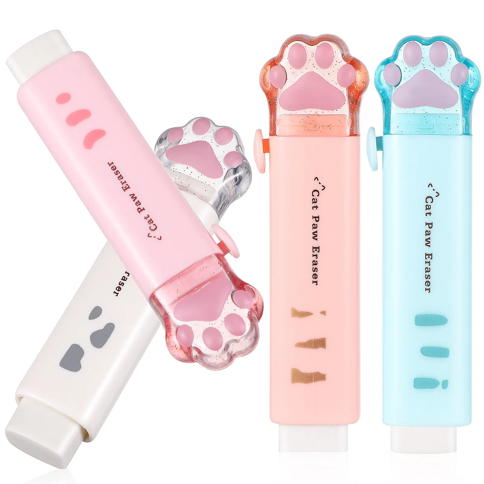 

4Pcs Cat Paw Erasers Retractable Cute Rubber Erasers Cartoon Design Stationery for Office School Gifts