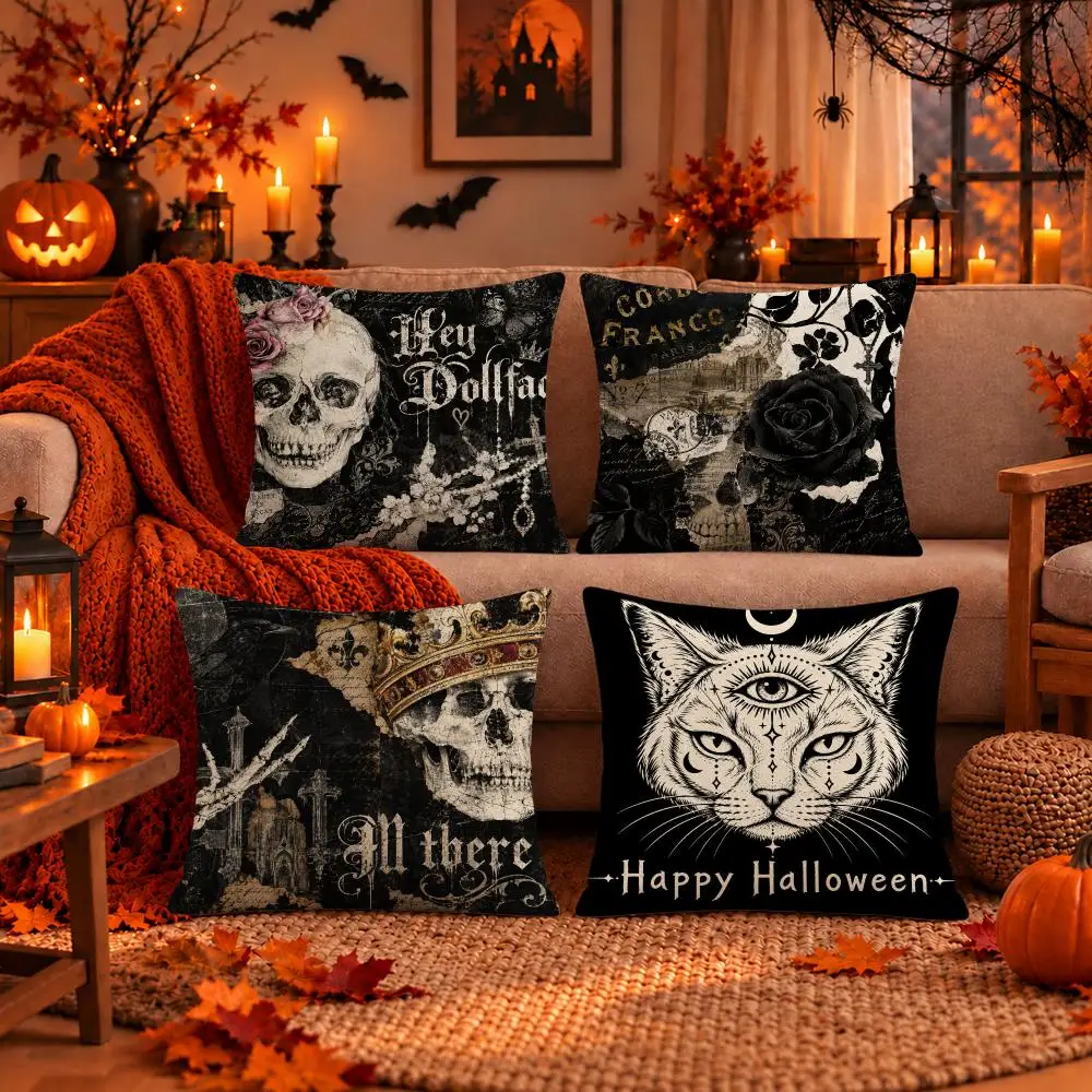 Art Gothic Grunge Skulls Halloween Cushion Cover Dark Gothic Plush Pillow Covers for Sofa Bedroom Home Decor