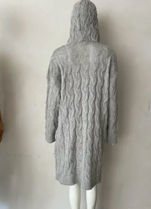 Kardigan Wanita Musim Gugur & Musim Dingin, Sweater Rajut Panjang Warna Solid Model Terbaru dengan Hoodie dan Saku