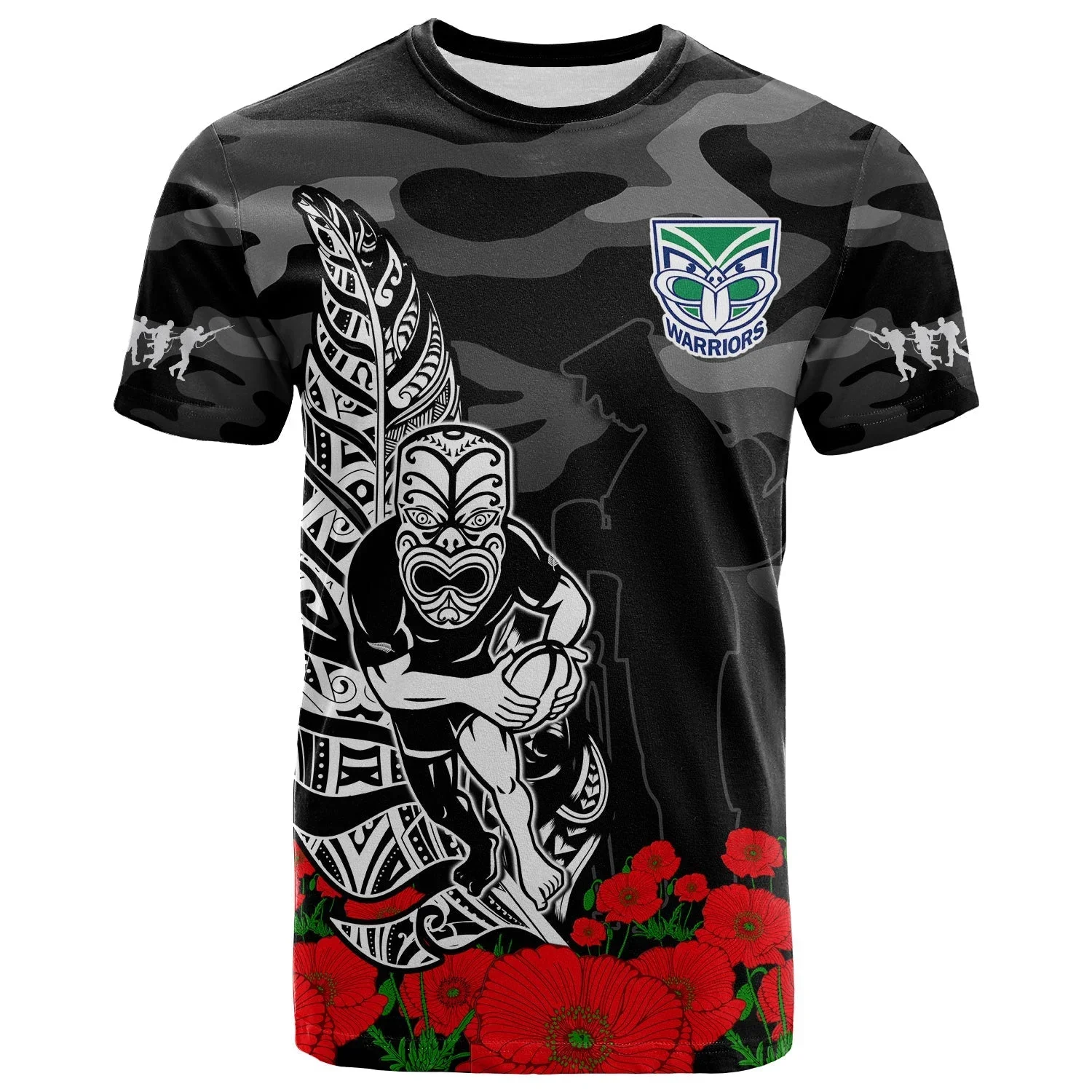 Warriors ANZAC 2023 Fern Camouflage Poppy Mix Aboriginal  3D Print Men T-Shirt Tops Tees Short Sleeve Casual