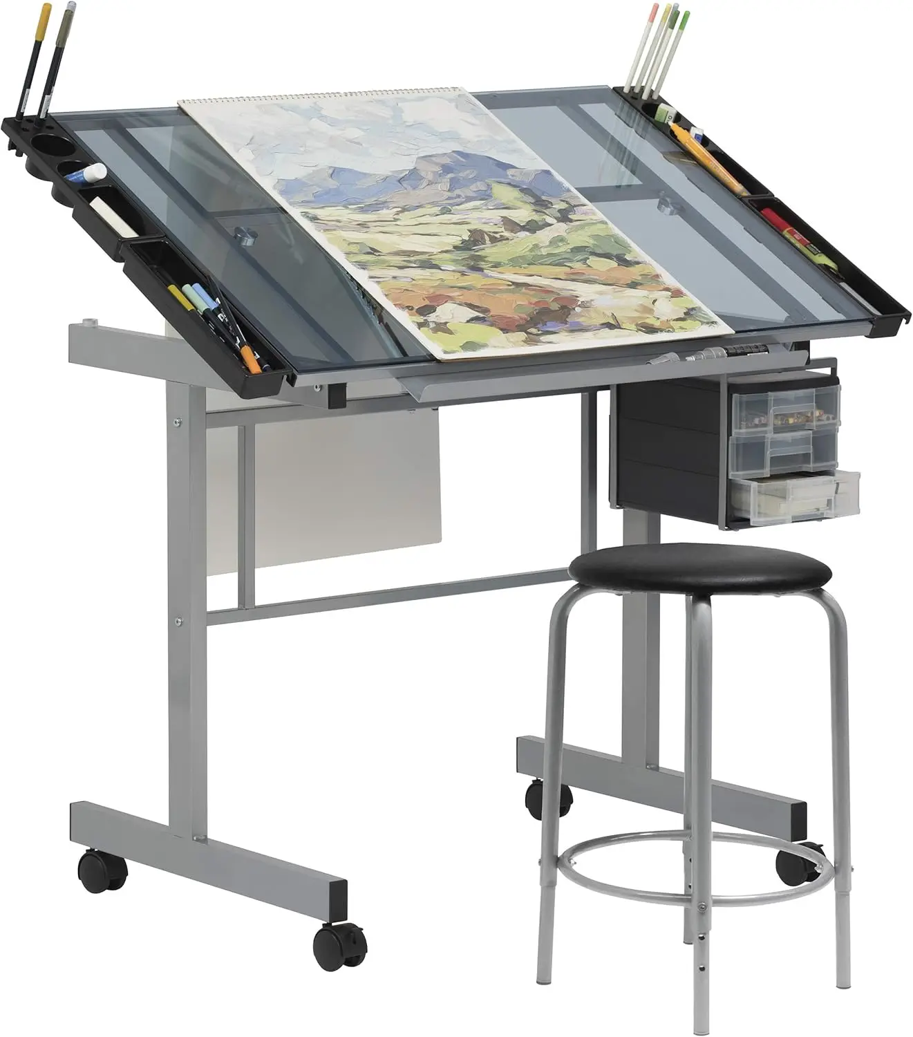 2 Piece Vision Modern Metal Hobby, Craft, Drawing, Drafting Table, Mobile Desk with 40.75