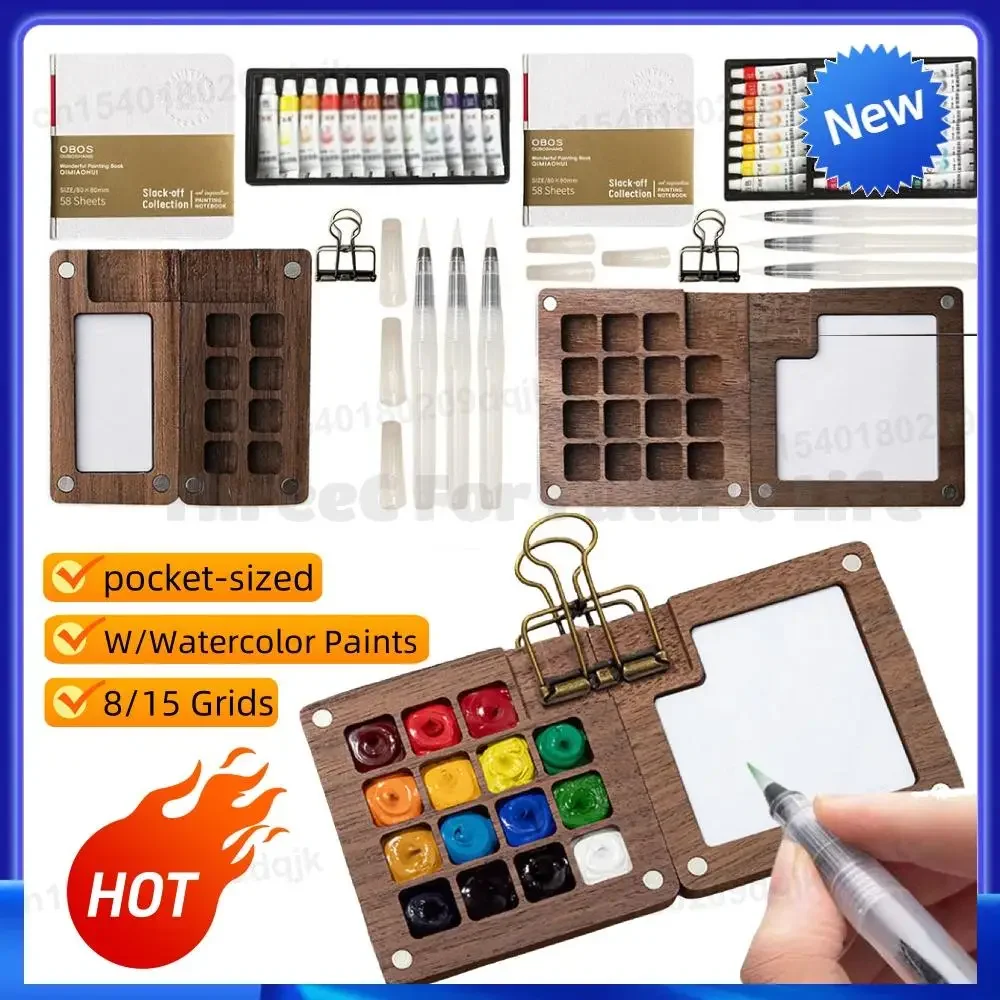 8/15 Grid Wooden Grid Paint Box Pocket Artist Travel Paint Palette Mini Watercolor Paint Set for Painters Artists Students