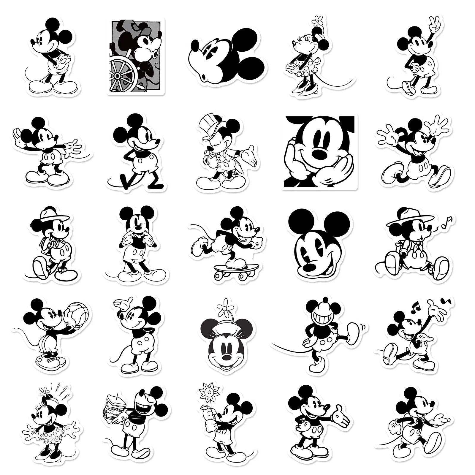 

10/30/50PCS Cute Mickey Mouse Cartoon Stickers Disney Animation Decoration Black White Style Decals Kids Toys Laptop Guitar Bike