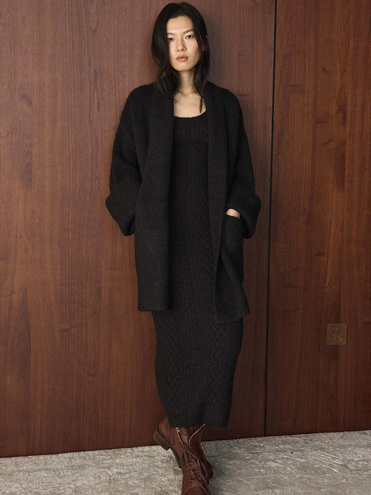 FANAN أنيقة الحياكة 2 قطعة مجموعة للنساء سترة معاطف فضفاضة + سليم فساتين بلا أكمام مكتب سيدة Sutis شتاء دافئ جديد #6