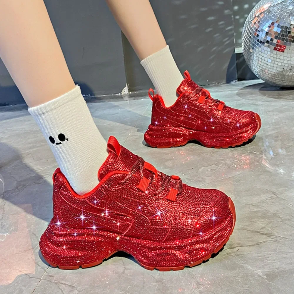 Full Star Rhinestone Thick Sole Daddy Shoes Women 2024 Rhinestone Fashion Casual Sports Shoes Soft Sole Ventilated Women\'s Shoes