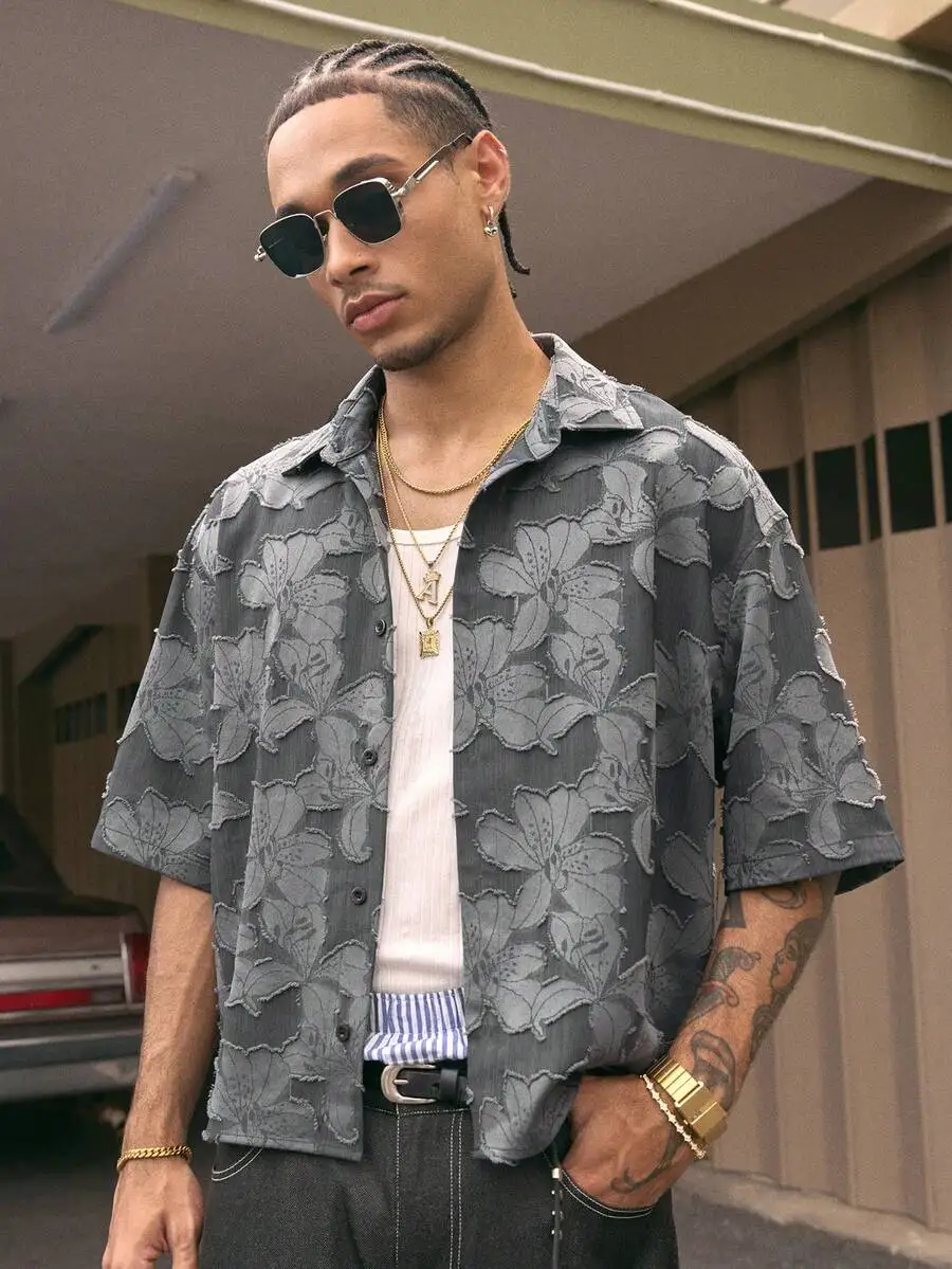 

Gray Floral Embroidered Loose Fit Short Sleeve Button Up Shirt for Men