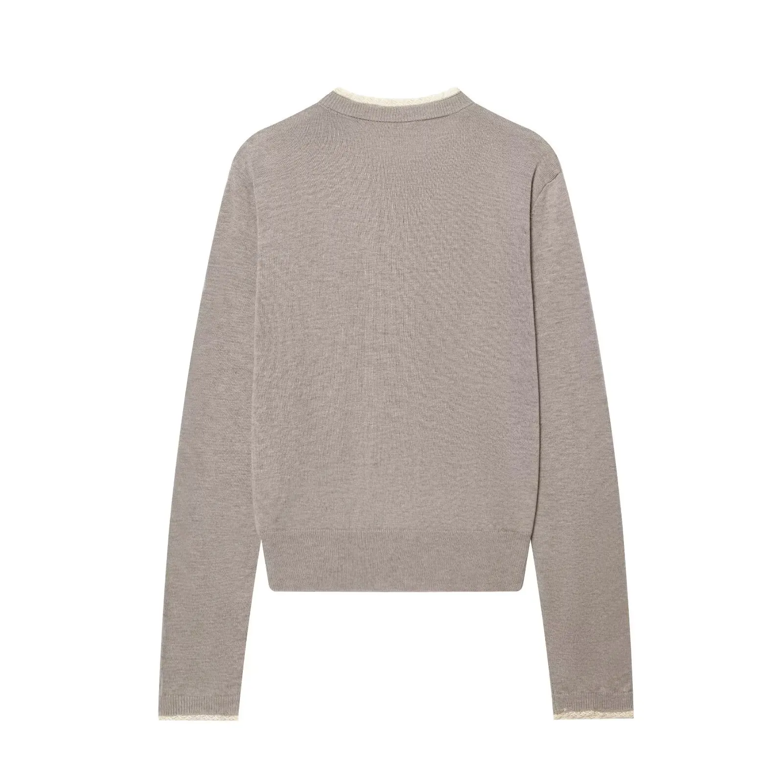 KONDALA Chic Solid Women Spring Casual Lace Knitwear Elegant O-Neck Single Breasted Fashion 2026 Pleated Khaki Female Sweater