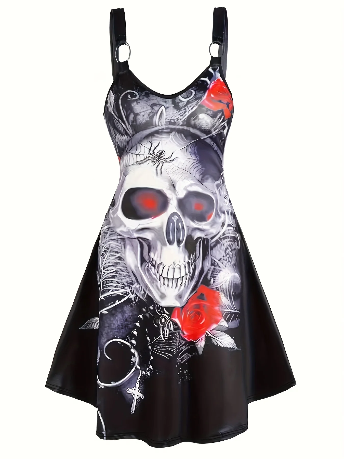 

Plus Size Halloween Cosplay Women's Skull Print V Neck Slight Stretch A-line Sling Dress