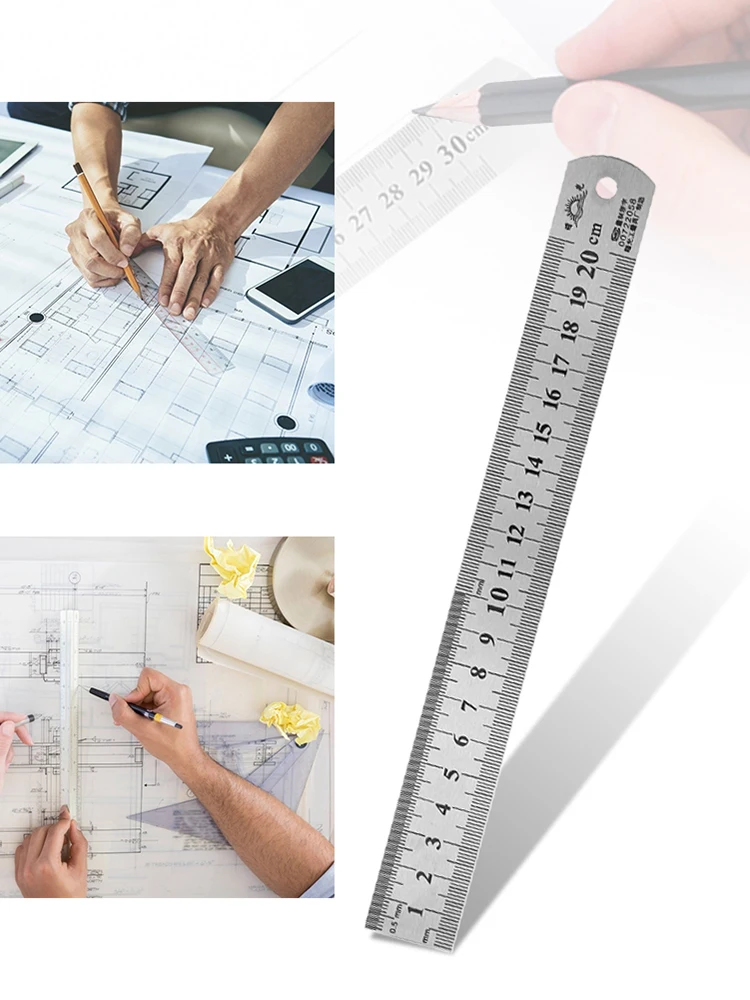 Double Sided Measuring Ruler Metal Scale Office Stationery Drafting Supplies