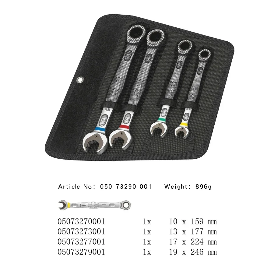 Wera 05073290001 6000 Joker 4pc Metric Combination Ratcheting Wrenches with Tool Roll Open Ratchet Dual Purpose Wrench Set