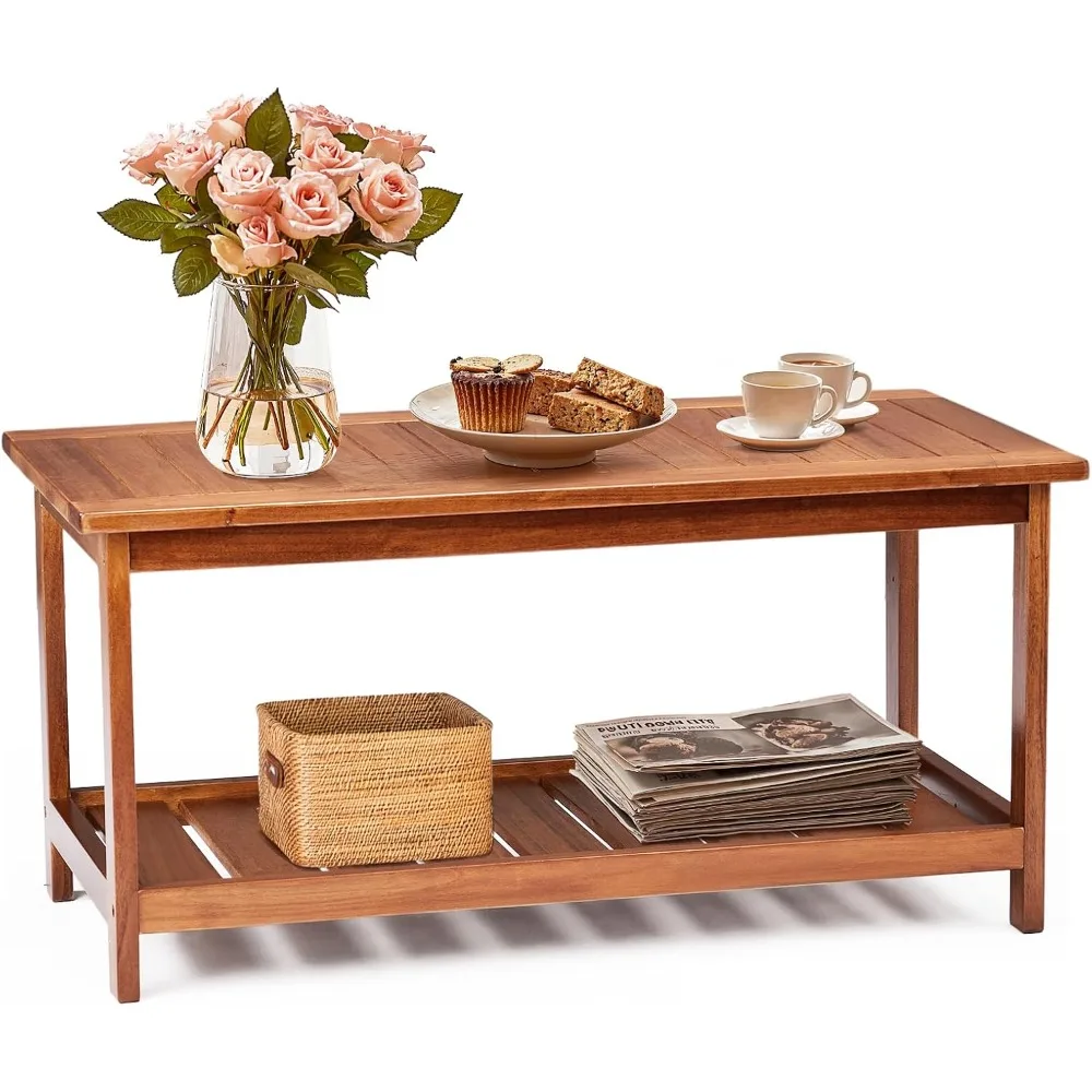 

Деревянный журнальный столик для улицы, 2-уровневый прямоугольный журнальный столик для хранения патио на открытом воздухе, низкий уличный столик из массива дерева для