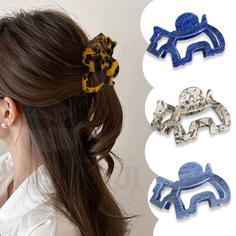 Cute Acetate Dog Shaped Hair Claw Denim Pattern Print Women Shark Hair Clip Sweet Hair Accessories