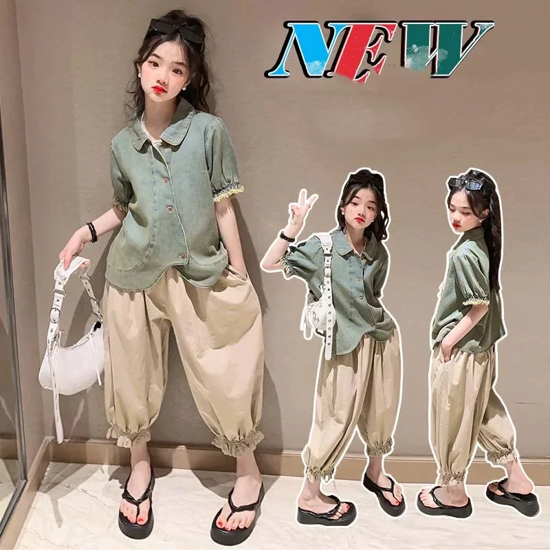 

Korean Summer Children Girl 2PCS Clothes Set School Girl Irregular Denim Short-Sleeved Tops+Cotton Lantern Pants Set For Girls