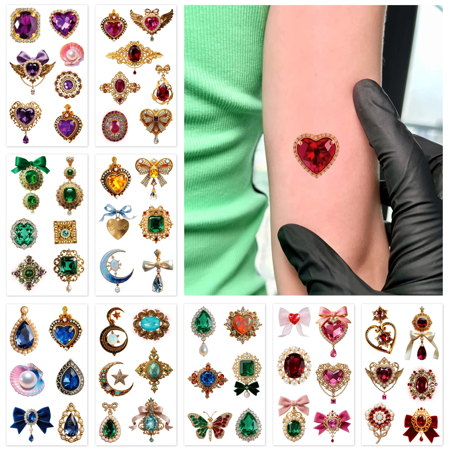 10 Sheets10 Sheets European Vintage Gem Temporary Tattoos Waterproof Easy to Remove French Court Diamond Jewelry Tattoos