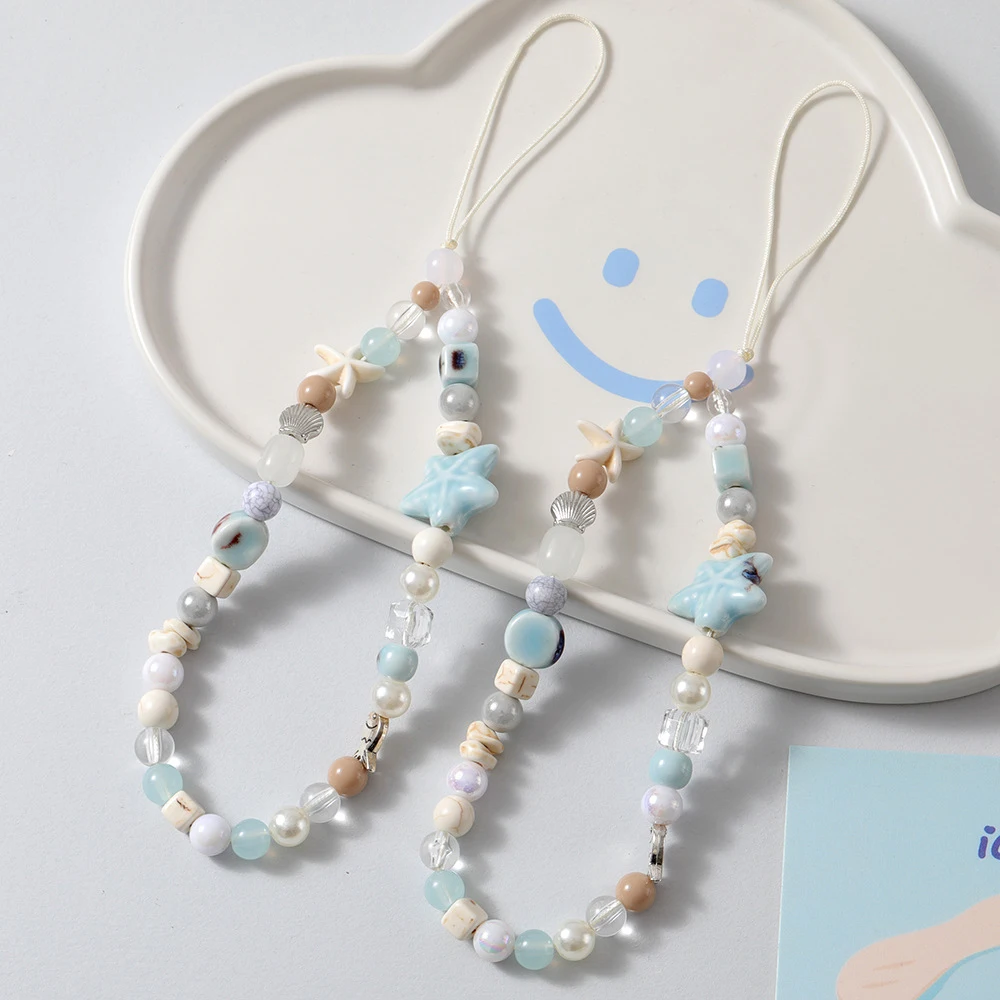 3D น่ารักเกาหลีปลาดาวสีฟ้าลูกปัด Charm Lanyard สําหรับ iPhone Samsung CCD Universal อุปกรณ์เสริมเครื่องประดับจี้