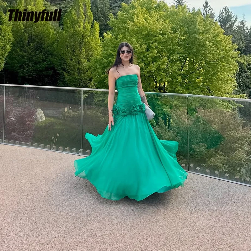 

Thinyfull Chiffon A-line Prom Dresses Sleeveless Strapless Evening Party Dress Ruched Long Gown Robe De Soirée Customized