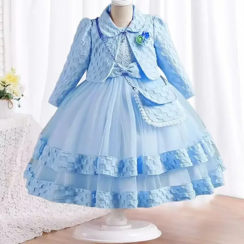 3Pcs New Girls' Princess Dress Gorgeous Embroidery Long Sleeve Fluffy Dress Children's Birthday Party Dress+Bag Set