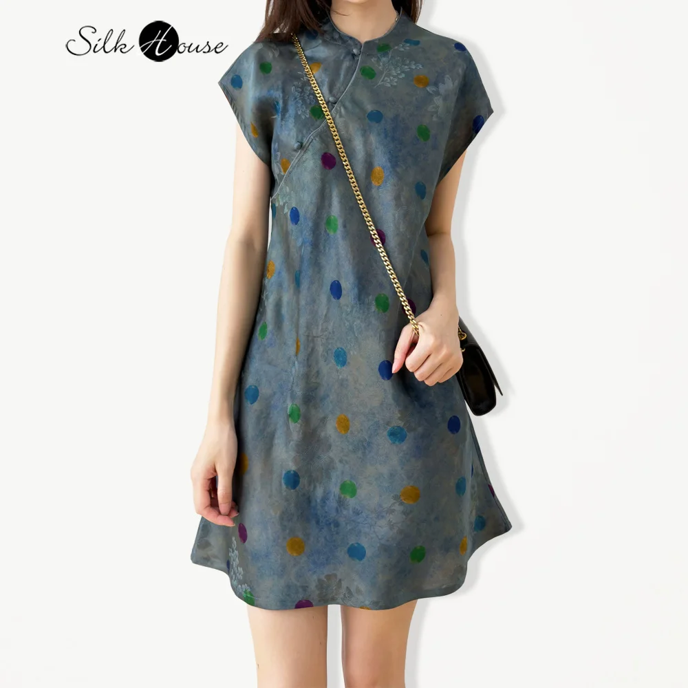 

Tie Dye Women's Casual Summer New Slant Cut 100% Natural Mulberry Silk Gambiered Guangdong Gauze Stand Collar Slim Fit Dress