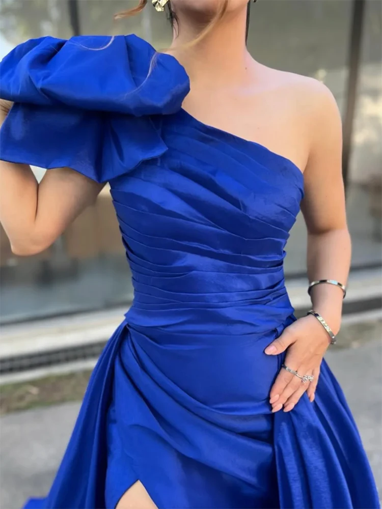 Royal Blue One Shoulder High Split Long Prom Dresses Side  Special Occasion Dress With Detachable Train Bow Pleats Evening Gown