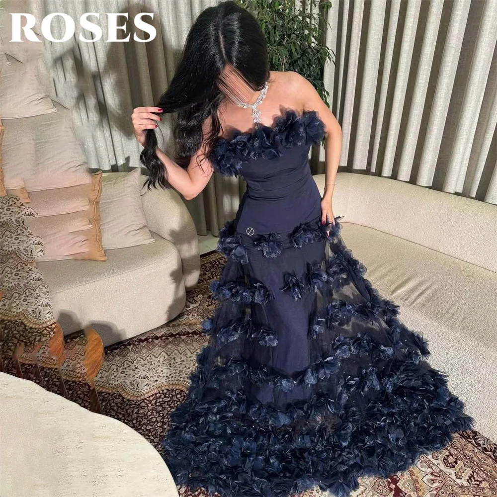 

ROSES Navy Blue 3D Flower Prom Dresses A Line Tiered Party Dress Gown Strapless Wedding Party Dress for Woman Customized