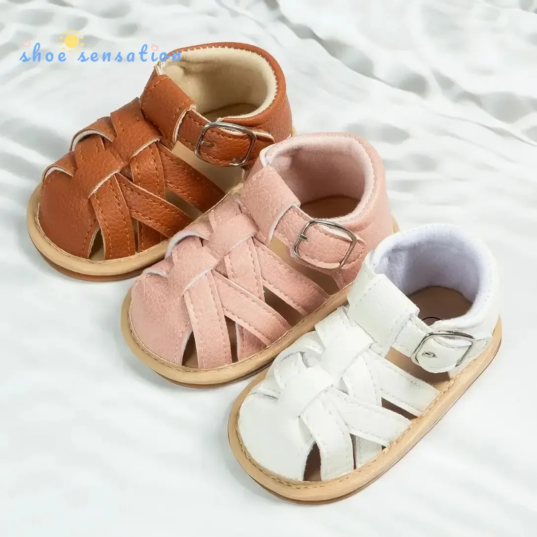 Meckior Summer New Baby Sandals Baby Boy Girl PU Leather Shoes Toddler Rubber Sole Flat Anti-slip First Walkers Crib Baby Shoes