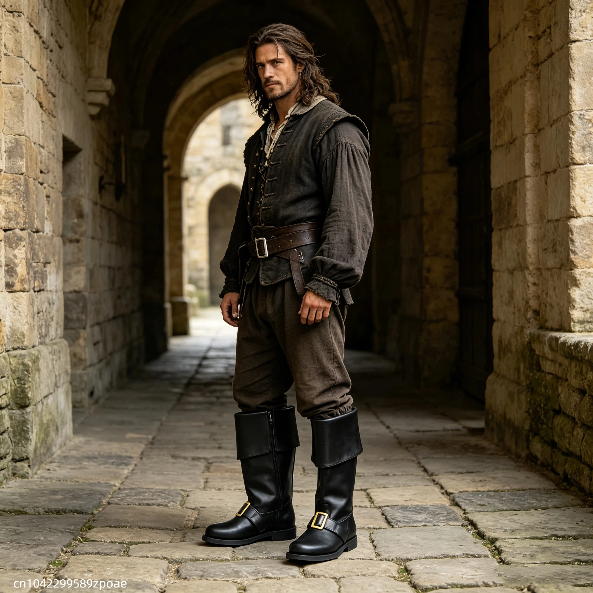 Men Black Fold Over Cuff Mid Calf Boots Vintage Pirate Renaissance Shoes Christmas Stage Performance Themed Cosplay Footwear