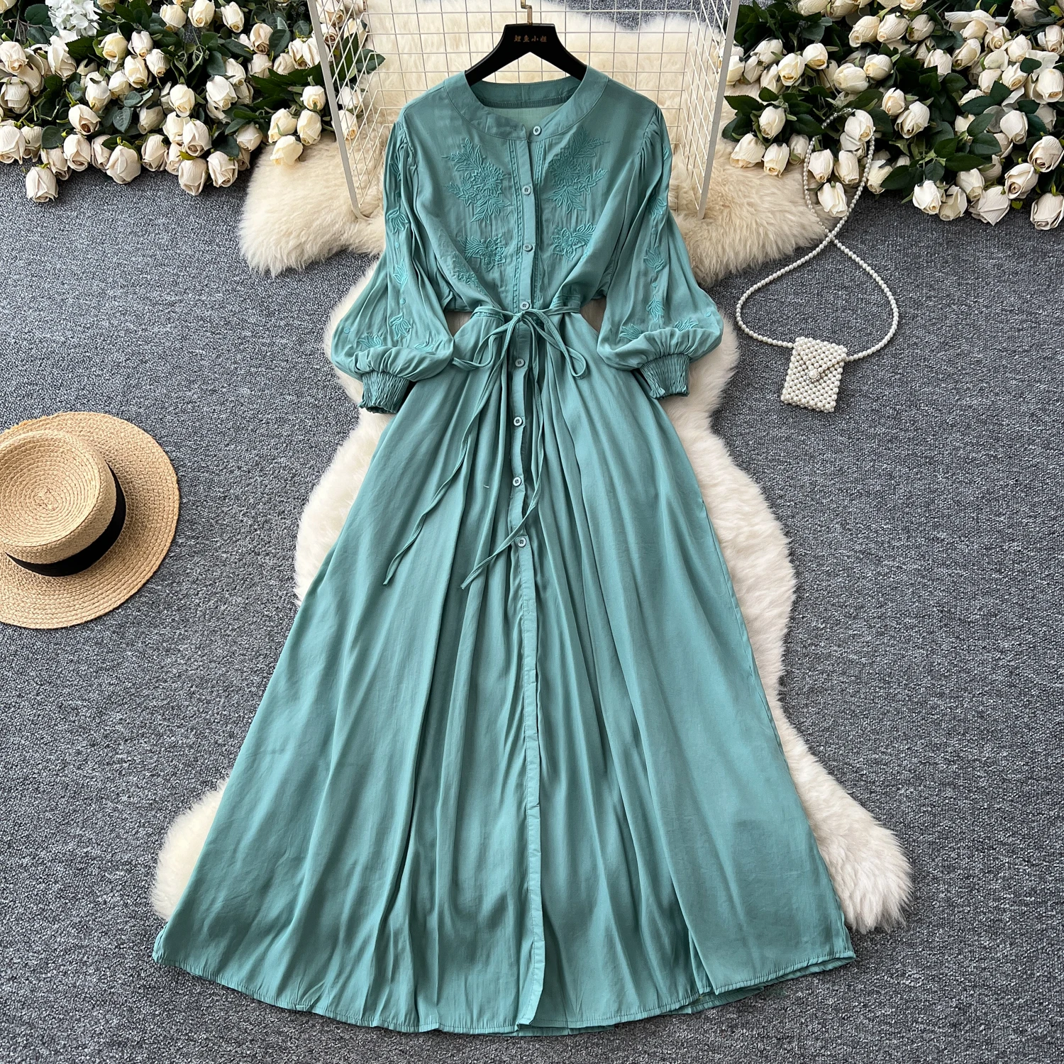 Vintage elegante geborduurde knoopjurk A-lijn chique casual strandvakantie dames zomerjurken