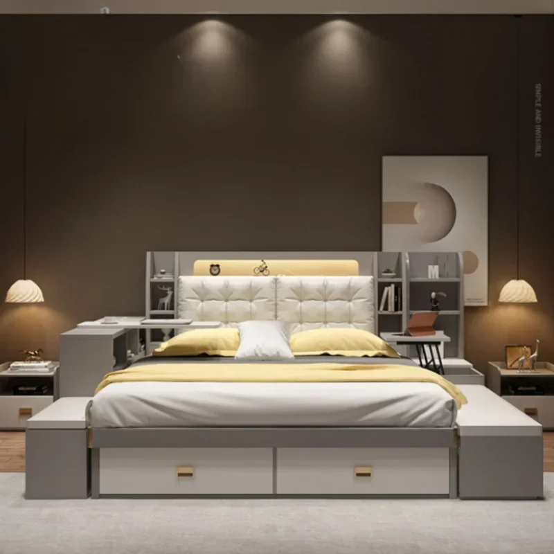 Queen Bedroom Bed Frame Under Storage High End Luxury White Double Bed Frame Salon Multifunctional Cama Casal Room Furniture