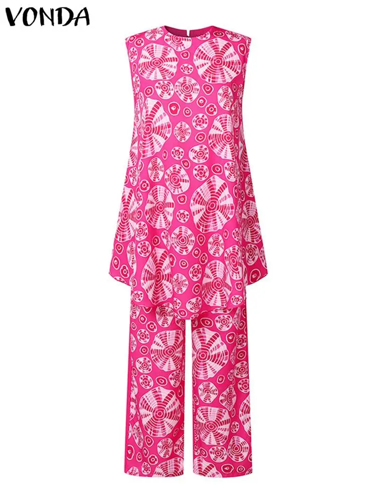 VONDA Sexy Sleeveless Matching Sets 2PCS Women Printed Pant Sets 2024 Vintage Suits Elegant Elastic Waist Trousers And Tops