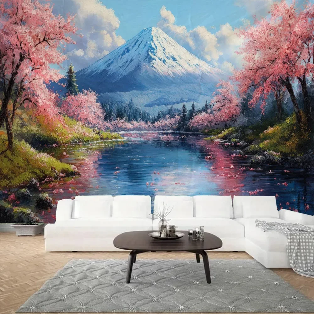Sakura Mount Fuji Fantasy Tapestry - Zen Living Room Wall Hanging Retro Landscape Art Fabric Background for Decor