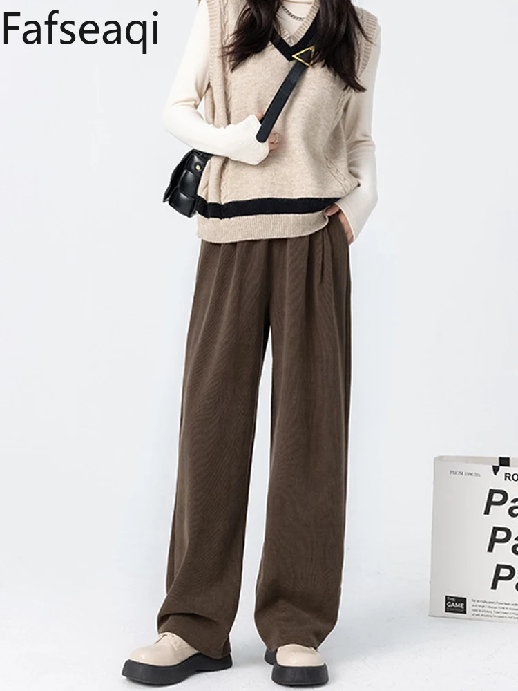 Pantalon droit marron à jambes larges pour femme, long fjfor, pantalon de survêtement taille haute avec sourire, pantalon chaud en velours, automne 2024