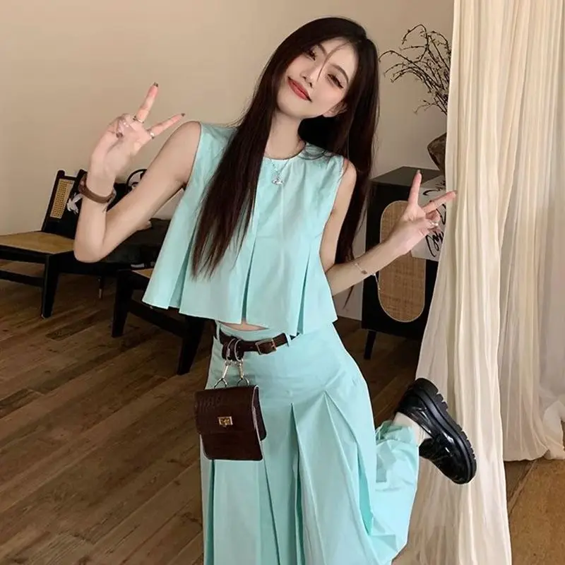 Suit Sleeveless Short Vest + High Waist Slim A Line Pleated SkirtGreen Color Korean Fashion Two Piece Skirt Sets Niche Design