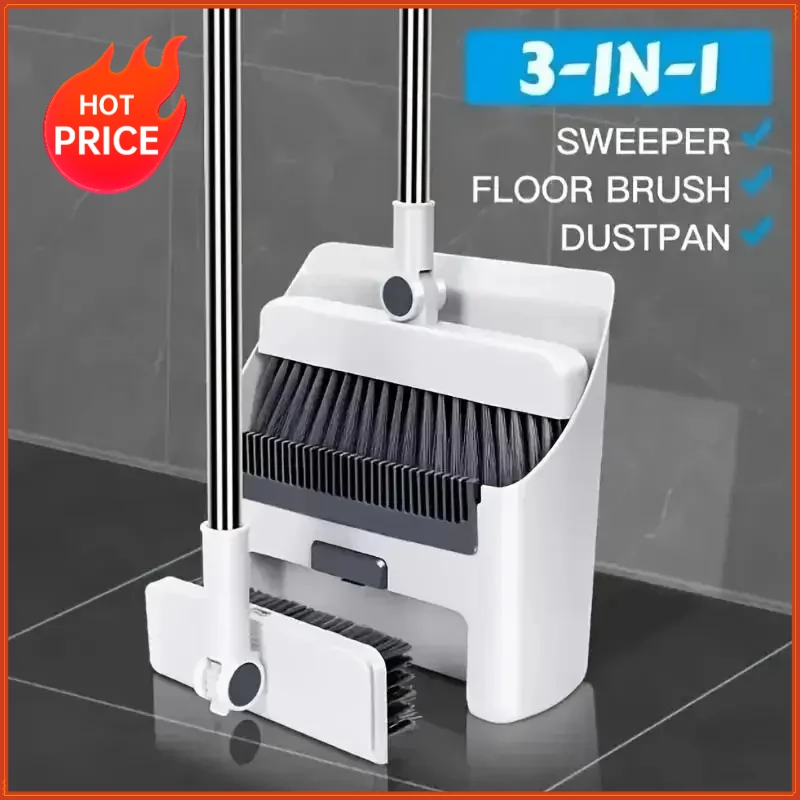 1set Foldable Broom And Dustpan Combination 3-In-1 Sweeping Set Rotatable Household Cleaning Tool For Living Room Bedroom Pet