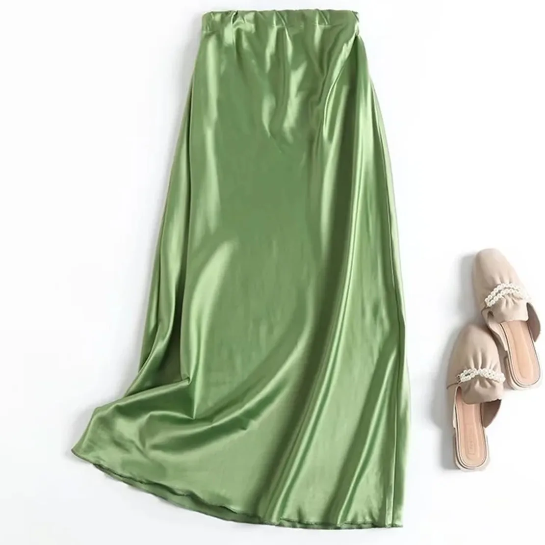 Dave&Di Summer England Style Fashion Straight Party Maxi Skirts Women Satin Green Color High Waist Collect Long Skirt