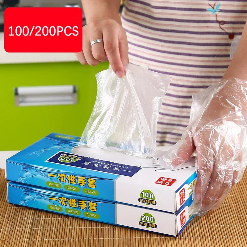 Disposable Polyethylene Clear Gloves, Large, Food Dealing, Cooking, Cleaning, Kitchen, Restaurant, BBQ Accessory, 100-200Pcs