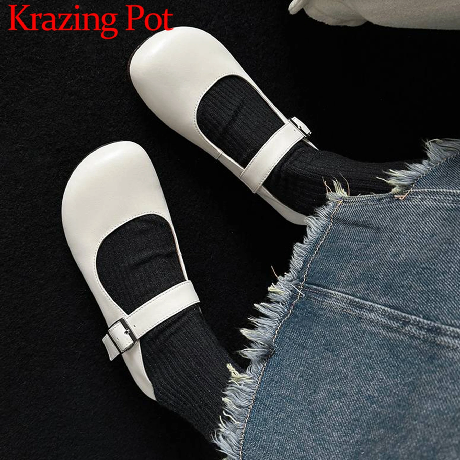 

Krazing Pot 2024 Full Grain Leather Retro Round Toe Women Spring Modern Summer Buckle Straps Mary Janes Light Style Ballet Flats