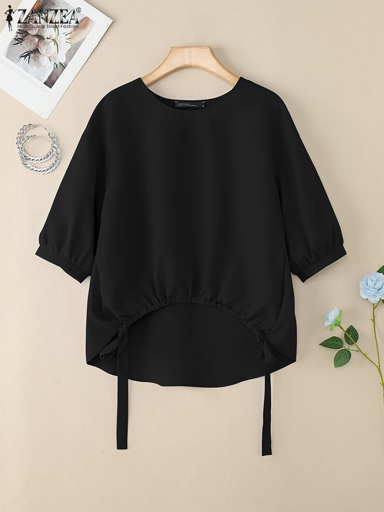 ZANZEA Women's High-Low White Blouses 2025 Autumn O-Neck 3/4 Lantern Sleeve Drawstring Hem Solid Color Tops Street Fashion 3XL