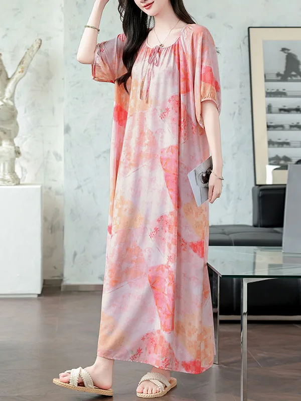 

Young Floral Cotton Silk Dress Thin Short Sleeve Home Clothes for Women Summer New Style Artificial Cotton Nightgown Can Be W...