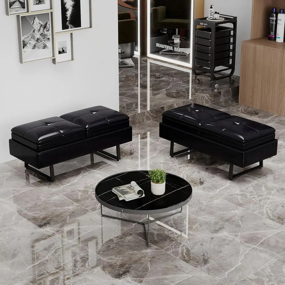 

4-Seat Black PU Leather Waiting Room Bench with Adjustable Feet for Lobby, Office or Living Room