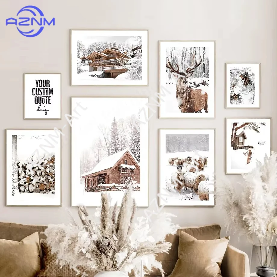 1 Stück Winter-Schneelandschaft Wandkunst Leinwanddruck Holzhaus Hirsch Schaf Tannenzapfen Poster und Drucke Weihnachten Wohnzimmer Deko