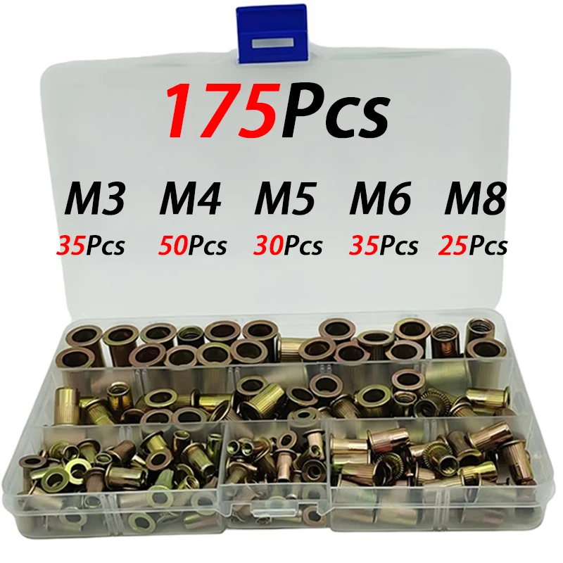 175Pcs M3 M4 M5 M6 M8 Blind Rivet Nuts, Flat Head Threaded Rivet Insert Nuts, Galvanized Carbon Steel Rivnut ,Sheet Metal Repair
