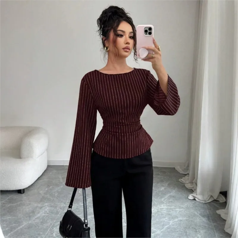 Slim-Fit-Damenhemd, modisches, klassisches, gestreiftes Hemd mit O-Ausschnitt und asymmetrischem Design, langärmliges Hemd, geeignet für den Arbeitsweg