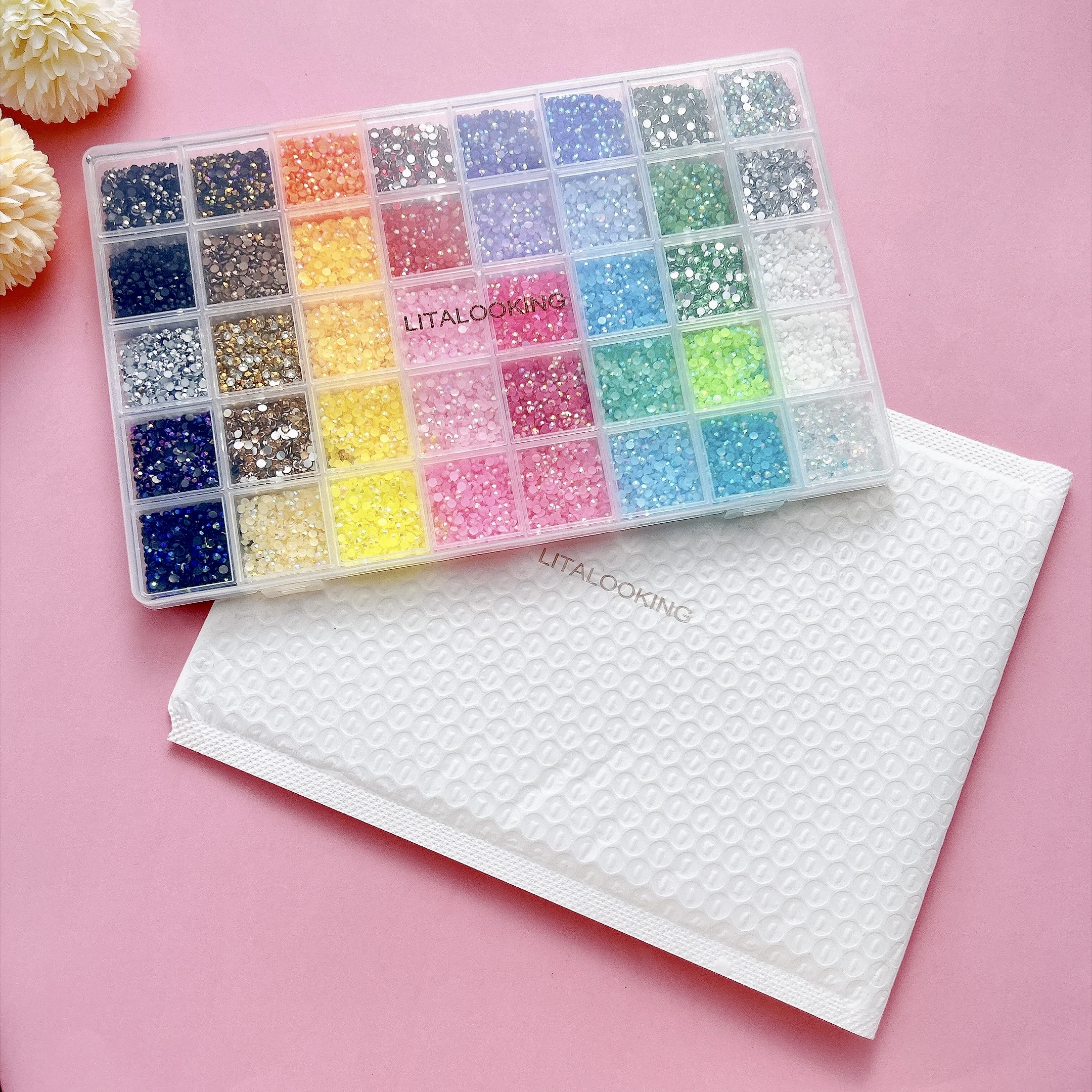 LITALOOKING 1Box Shinng AB Jelly Nail Rhinestones Bedazzling Kit 40 Colors Semi-circular Flatback Nail Diamond Art DIY Nails