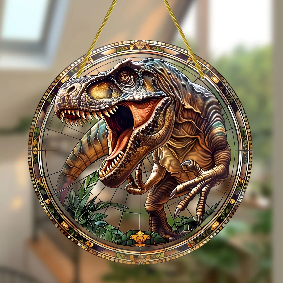 T-Rex Stained Glass Window Hanging-Round Acrylic Sun Catcher For All Seasons,Home&Garden Decor,Porch Accents,Unique Gift Idea