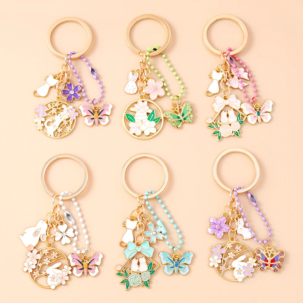 

Pretty Flower Wreath Keychain Women Girls Cat Rabbit Butterfly Key Ring Pendants for Handbag Decor DIY Key Chain Jewelry Gifts
