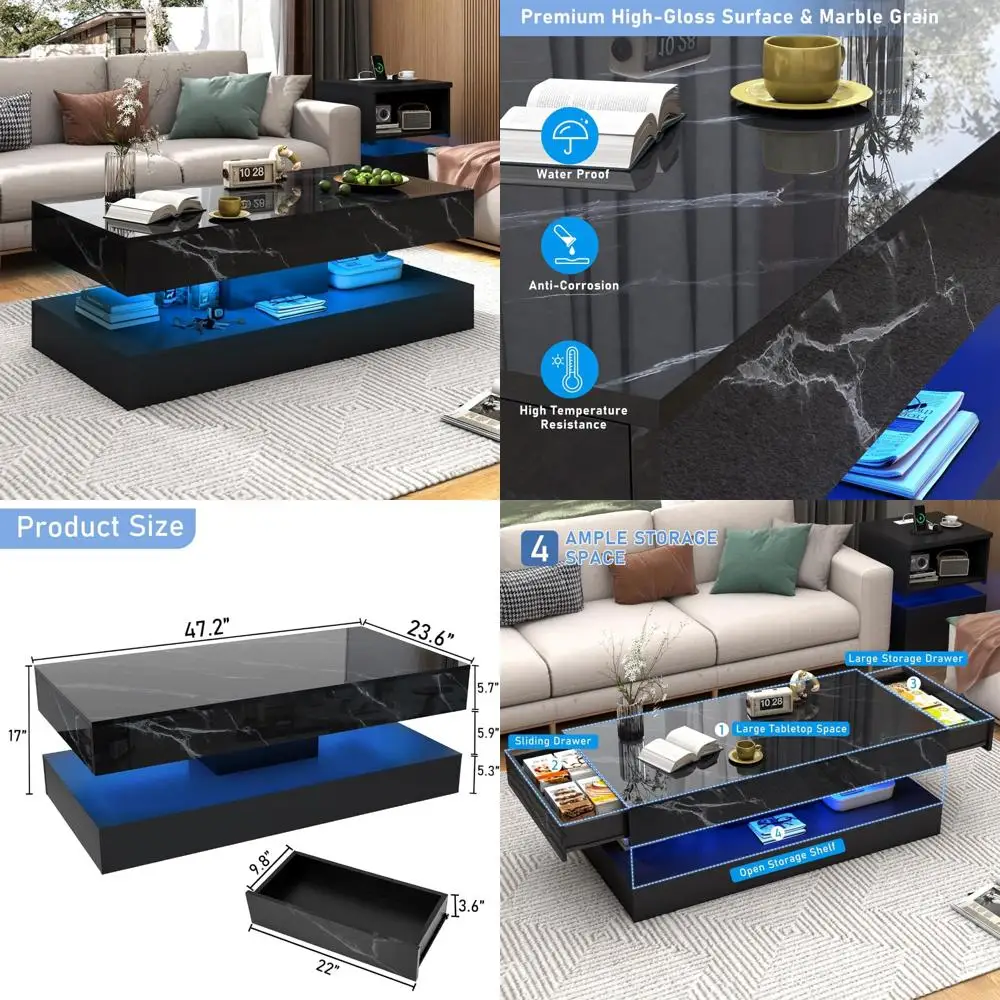 Large High-Glossy LED Coffee Table with Sliding Drawers, Modern Living Room Storage Solution featuring Marbling Print Design
