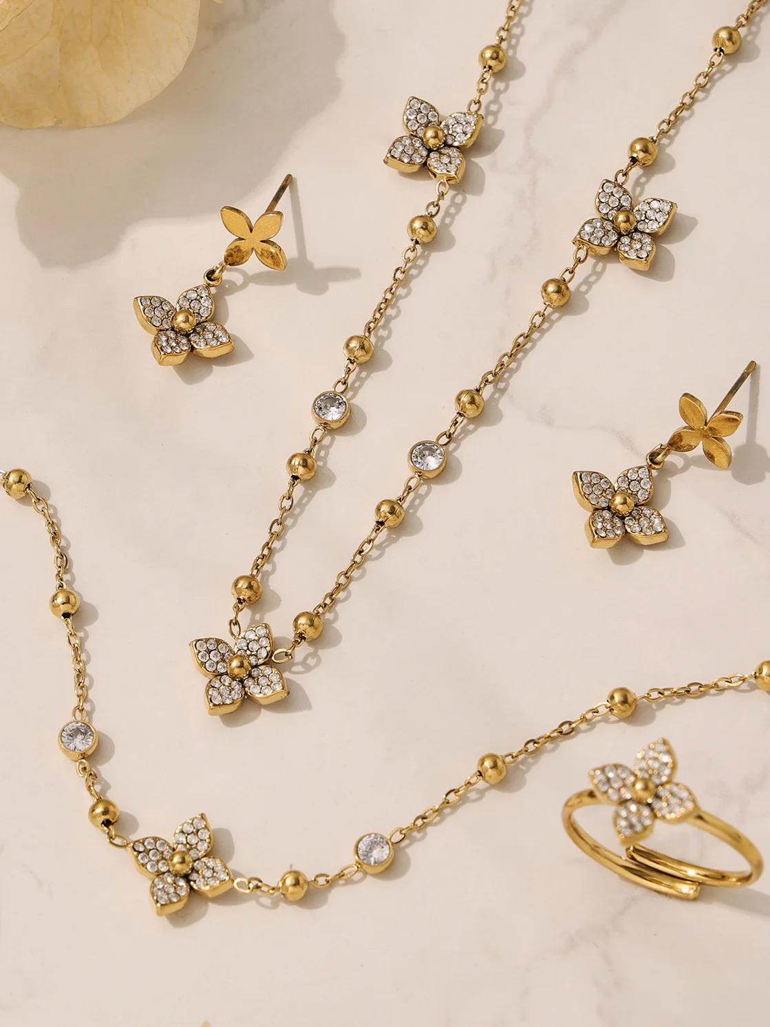 Liora Chic Cubic Zirconia Flower Necklaces Bracelets Rings Earrings for Women Stainless Steel Wedding Engagement Women Jewelry