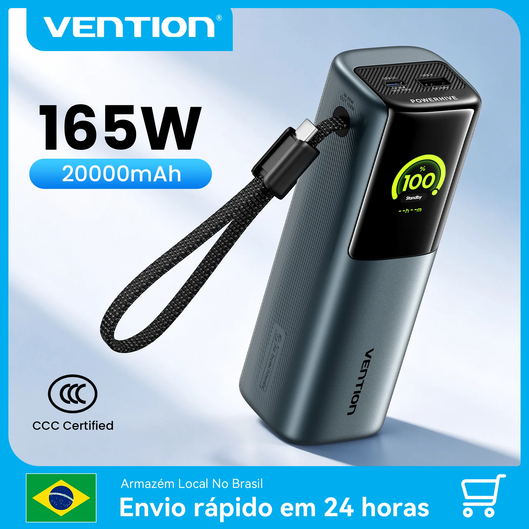 Vention 20000mAh 165w PowerBank PD PPS Carregador rápido com cabo USB-C embutido Bateria externa Banco de potência portátil para laptop