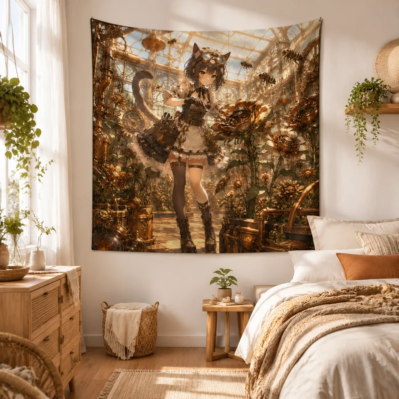 VIKAMA Steampunk Cat Maid Tapestry, Golden Gear Garden Anime Wall Hanging, Mechanical Cat Girl Print Wall Hanging, Home Decor
