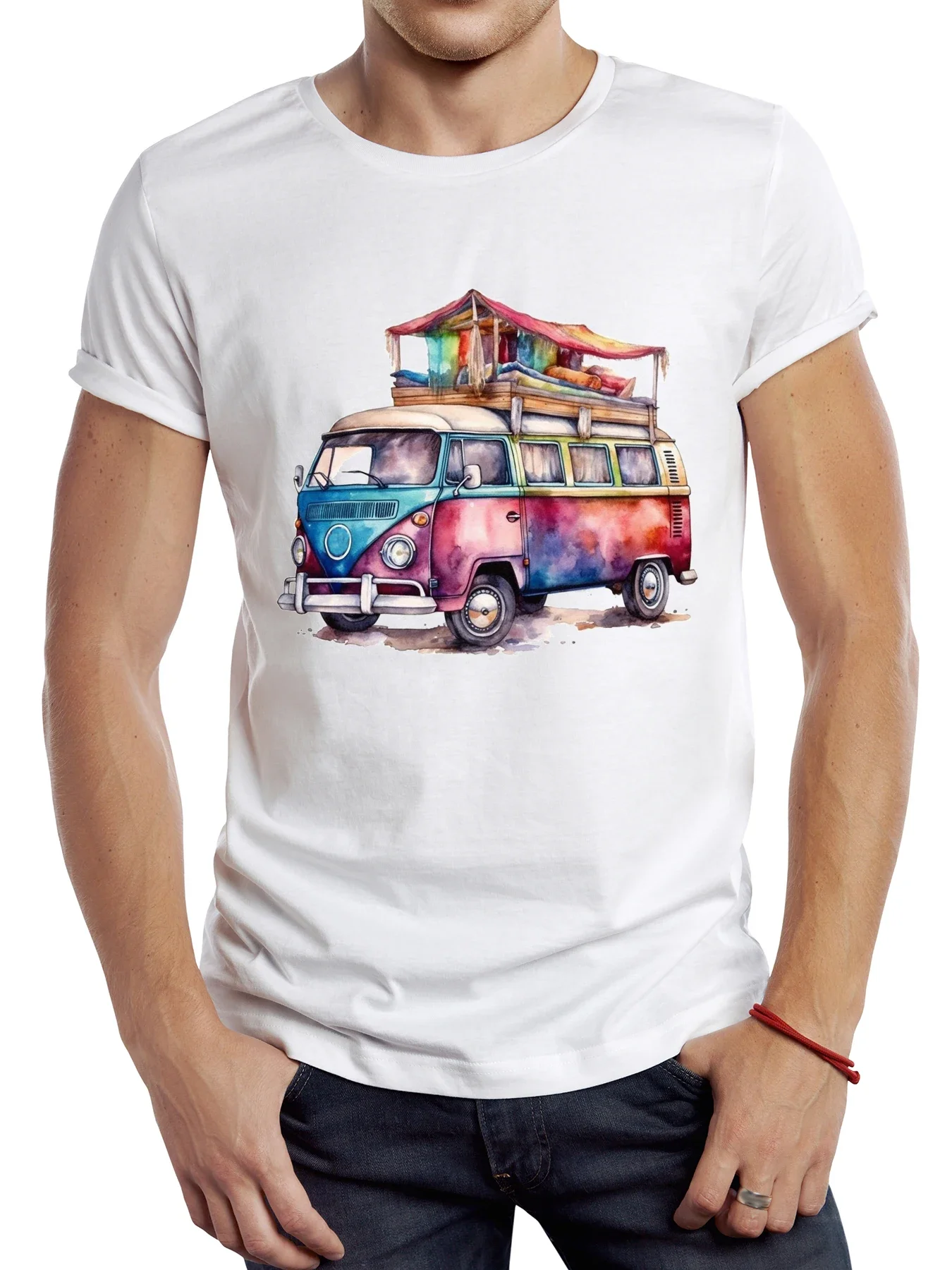 

Graphic Go Camping Sport Cloth Retro Colorful Bus Tops Hipster Camper Crewneck Round Neck TEEHUB Vintage Campervan Men T Shirt